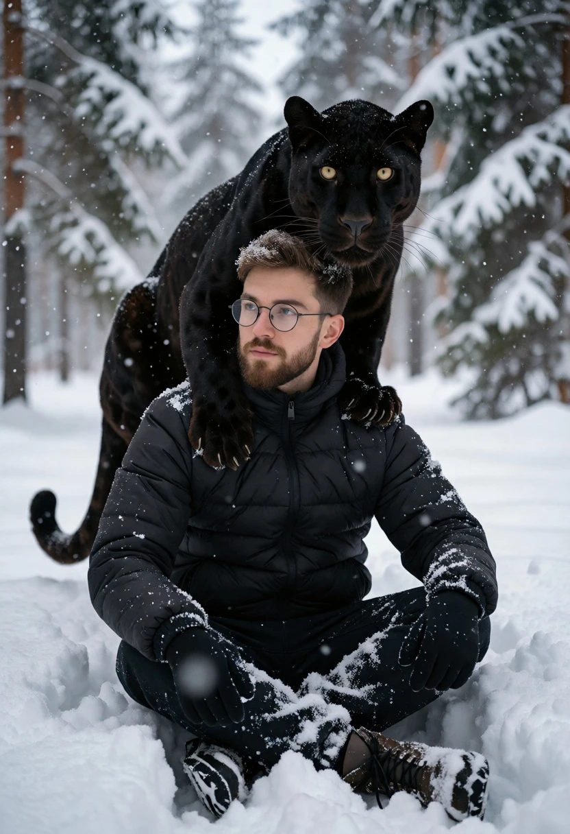 Man sitting in deep snow with a black panther resting on his - AI generated image prompt sample