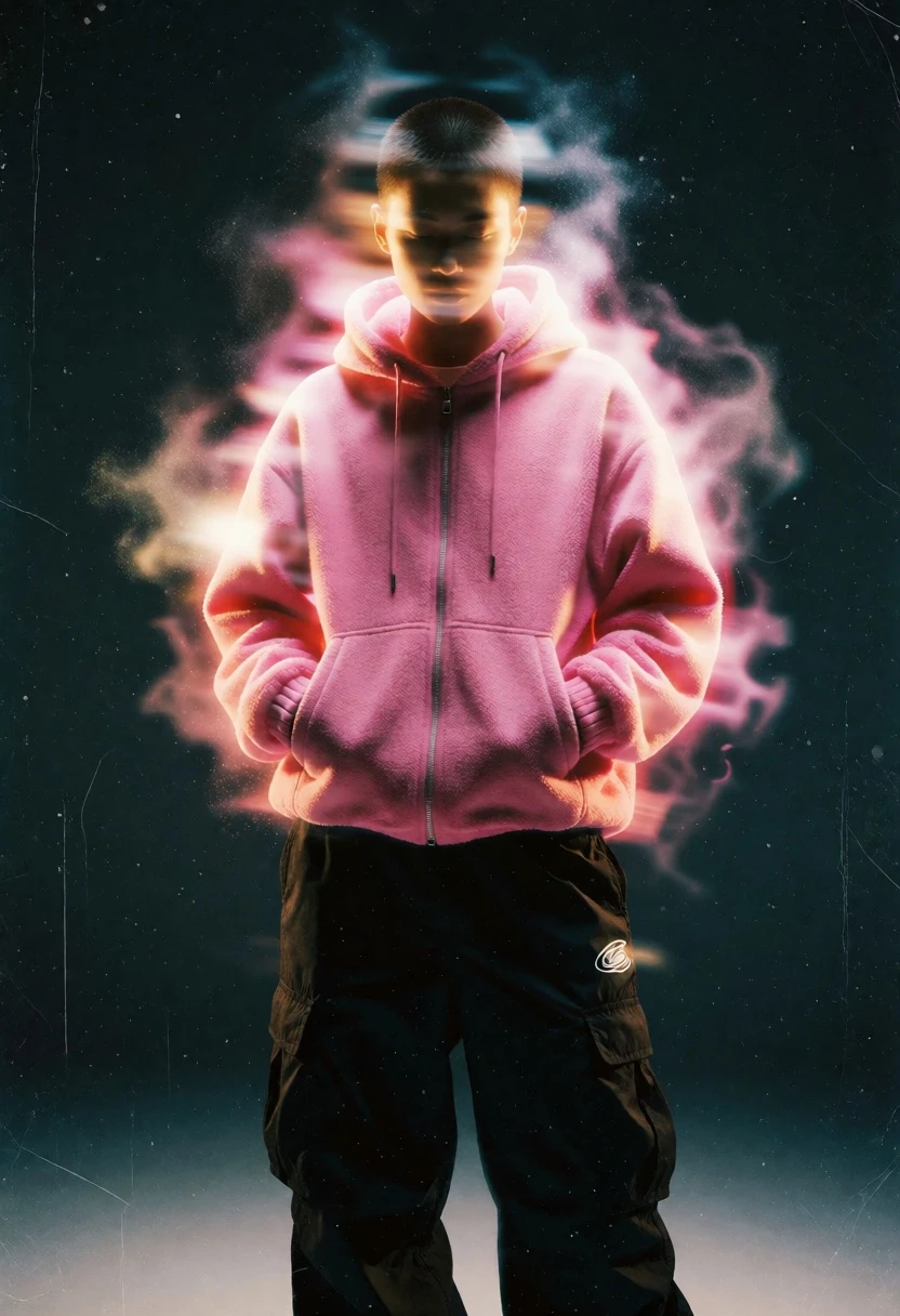 Solitary figure in pink hoodie against dark textured backdrop with glowing aura - AI generated image prompt sample