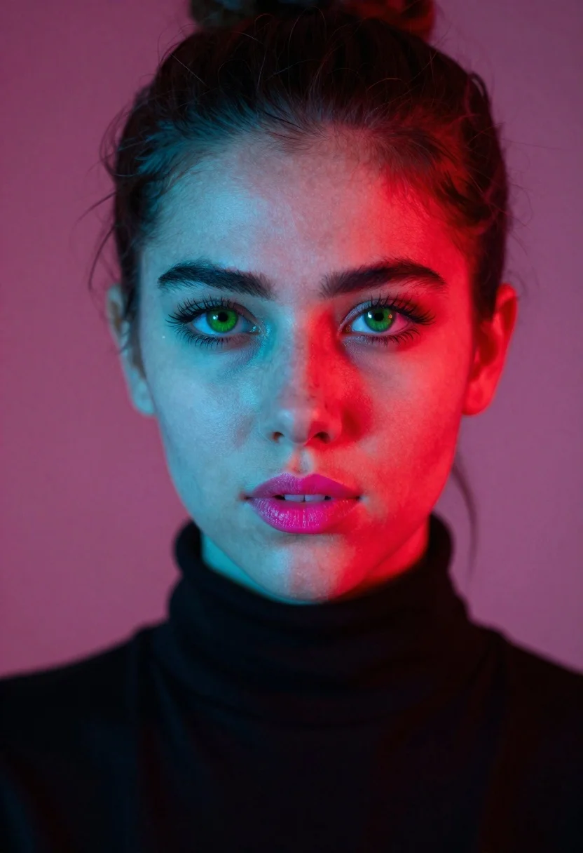 Portrait of woman with green eyes under neon lighting - AI generated image prompt sample