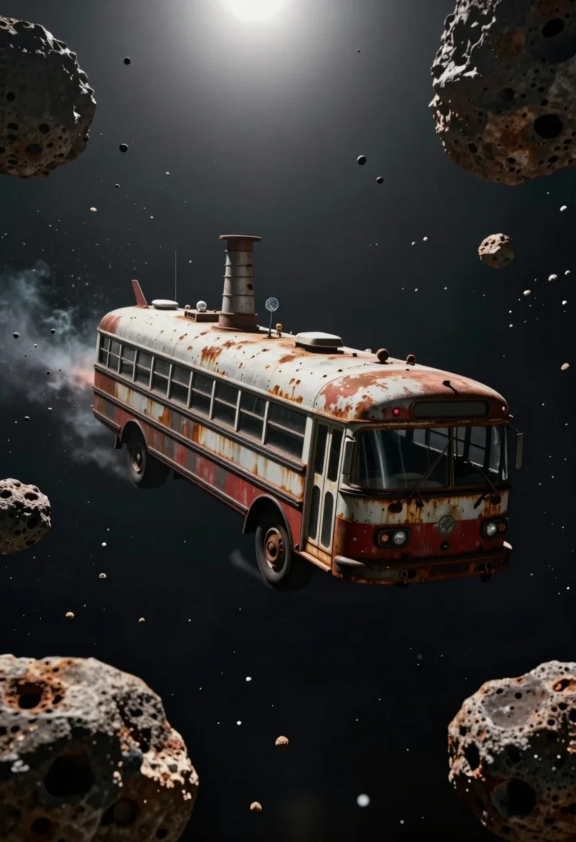 Rusty vintage spacecraft bus drifting through a dense asteroid field in deep - AI generated image prompt sample