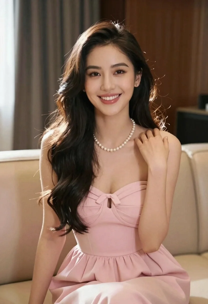 Smiling young woman in pink dress seated indoors with glowing backlight