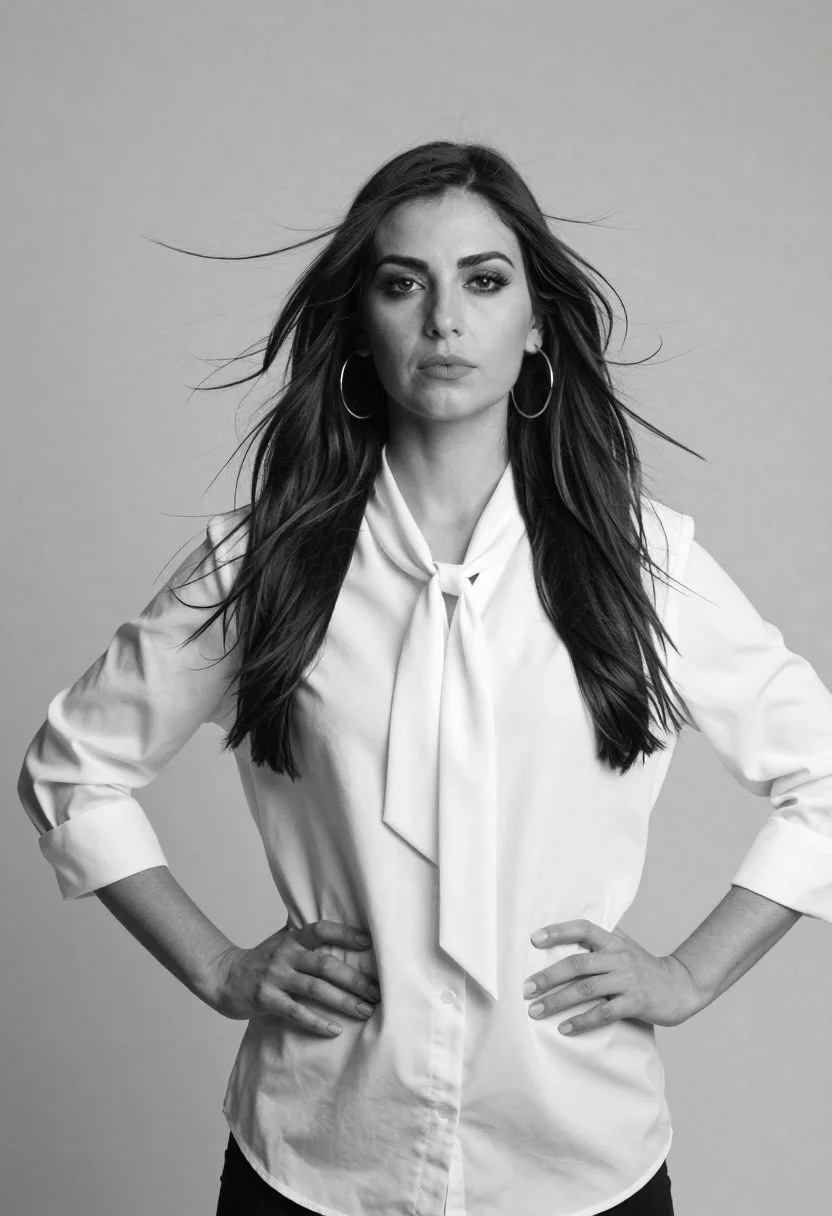 Confident woman in white shirt standing against a plain studio background