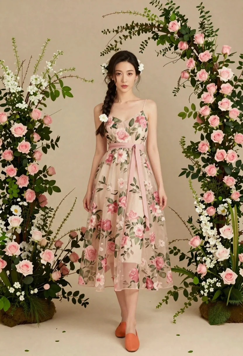 Full body portrait of asian woman in floral dress amidst pink roses - AI generated image prompt sample