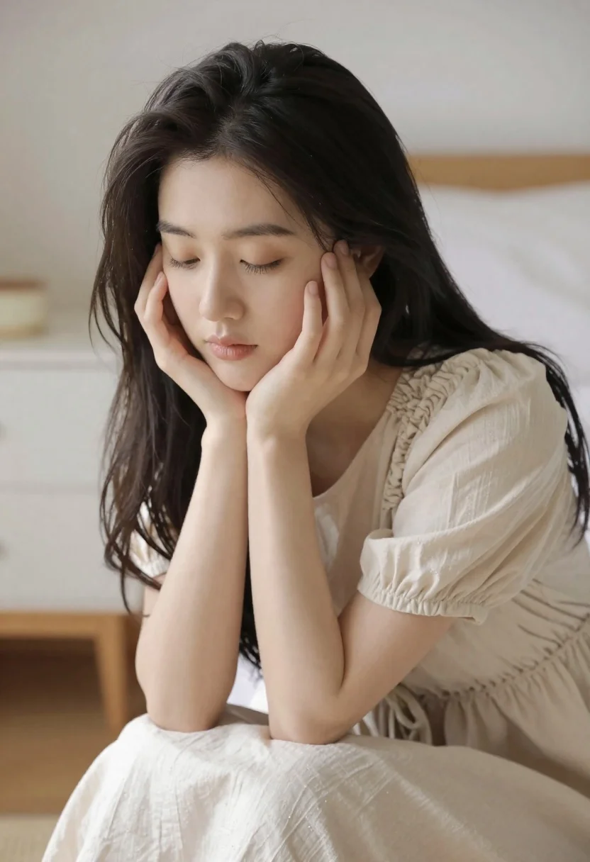 Serene portrait of young woman in beige dress resting chin on hand