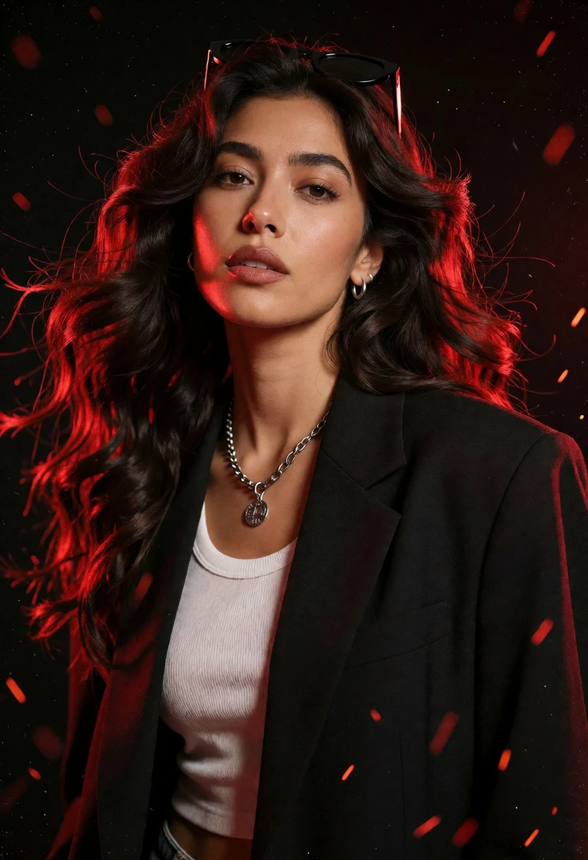 Confident woman in black blazer against dark background with red lighting - AI generated image prompt sample