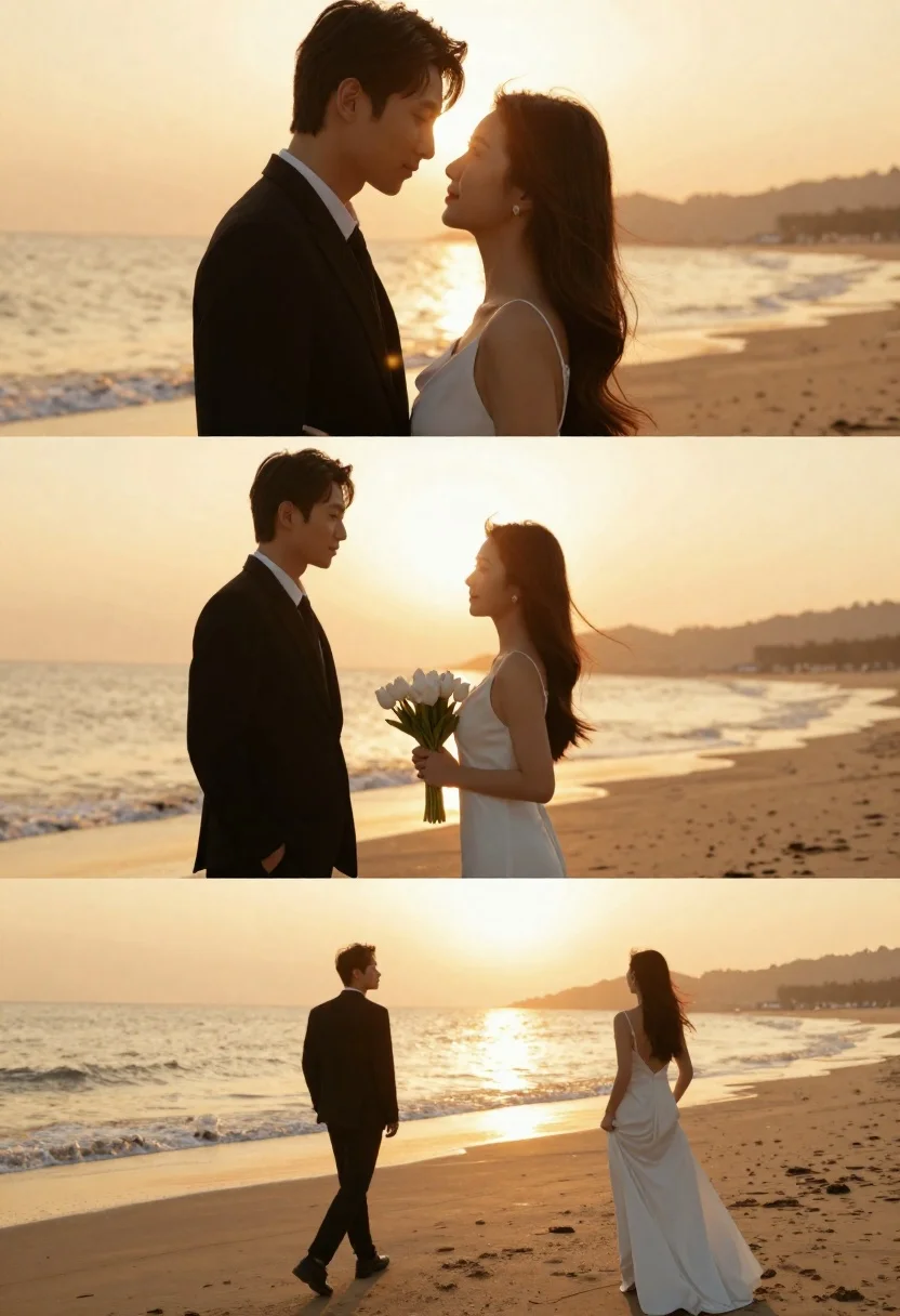 Romantic wedding couple on beach at sunset in three vertical panels - AI generated image prompt sample