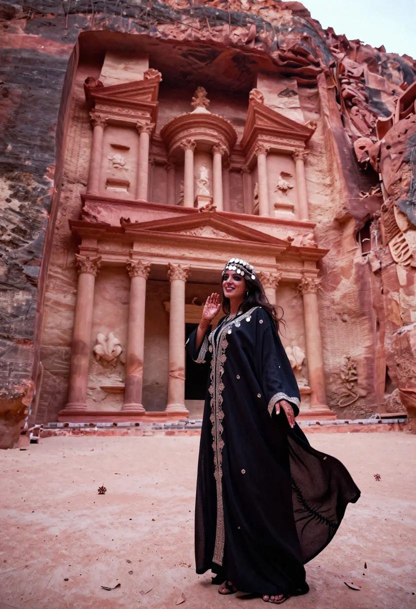 Veiled nomadic woman at petra treasury facade during rose gold dawn