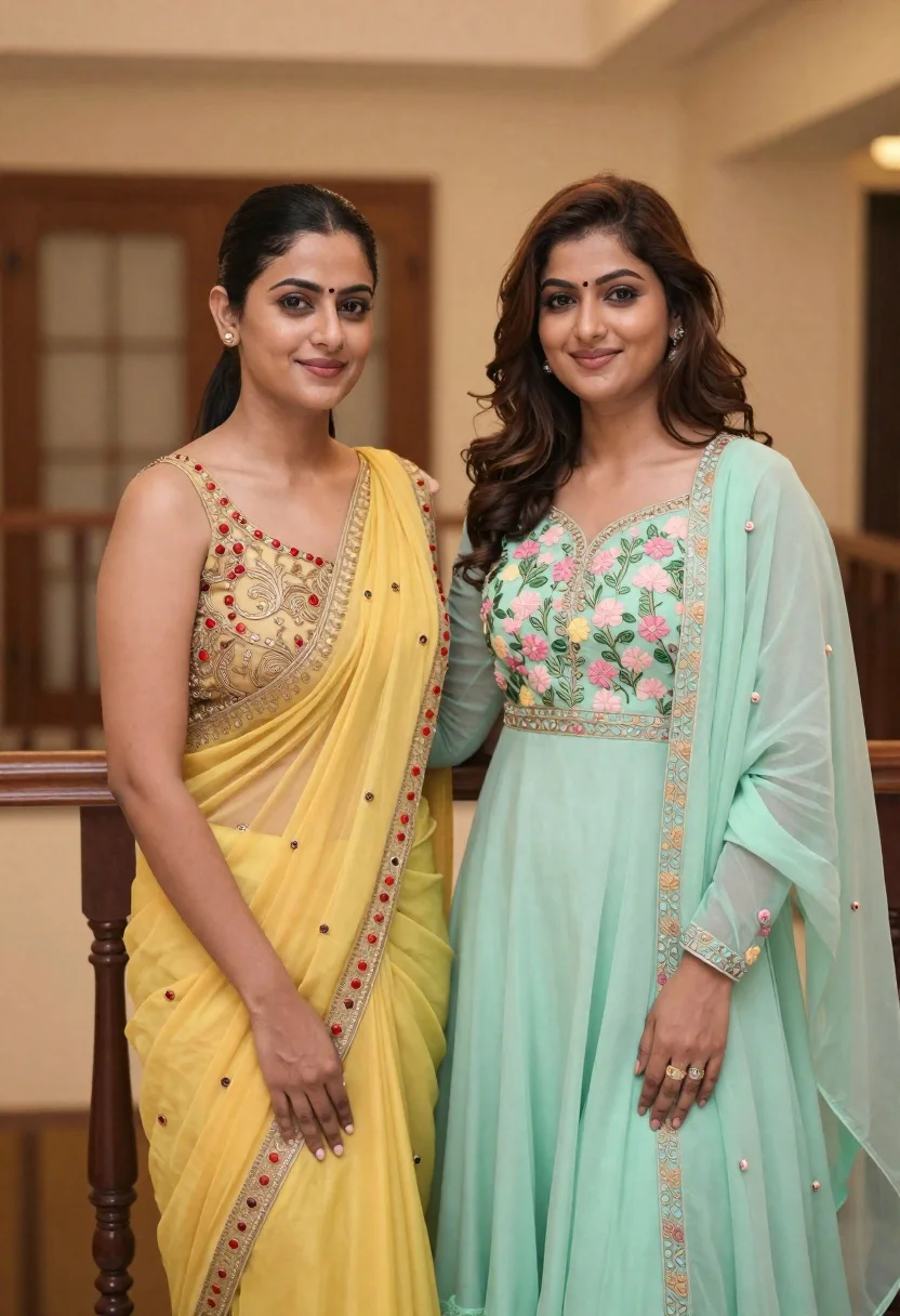 Two young women in traditional indian attire standing indoors together