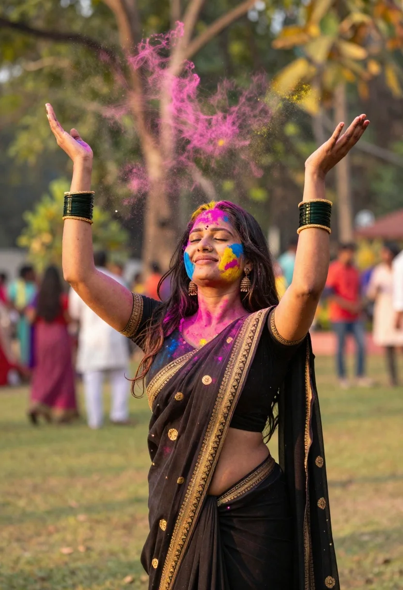 Joyful woman in black saree throwing colored powder in sunny park - AI generated image prompt sample