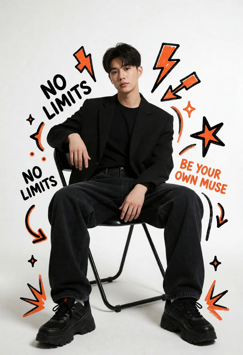 Young asian man seated confidently in black attire against stark white studio - AI generated image prompt sample