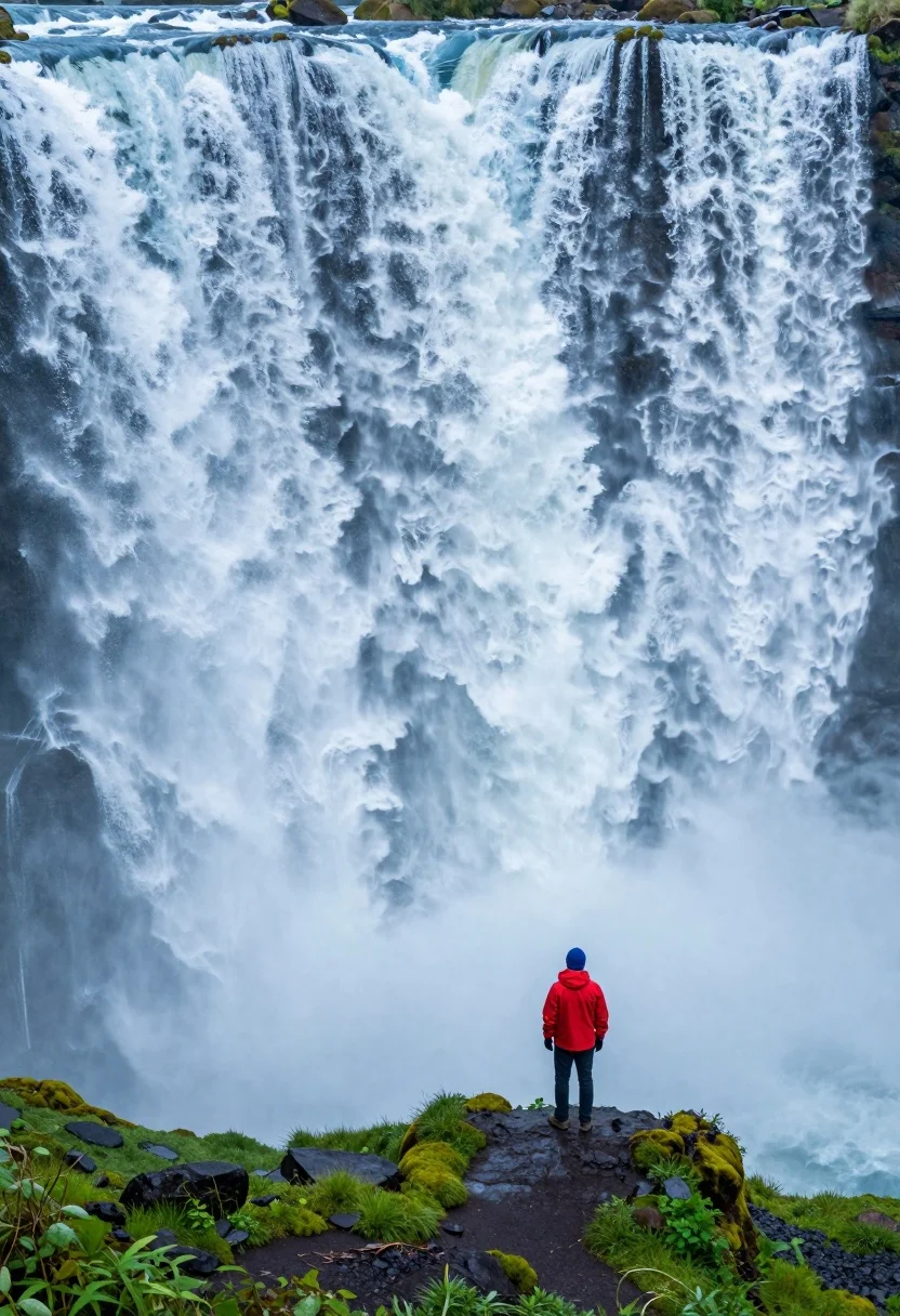 Hiker standing on ledge overlooking massive thundering waterfall at natural edge - AI generated image prompt sample