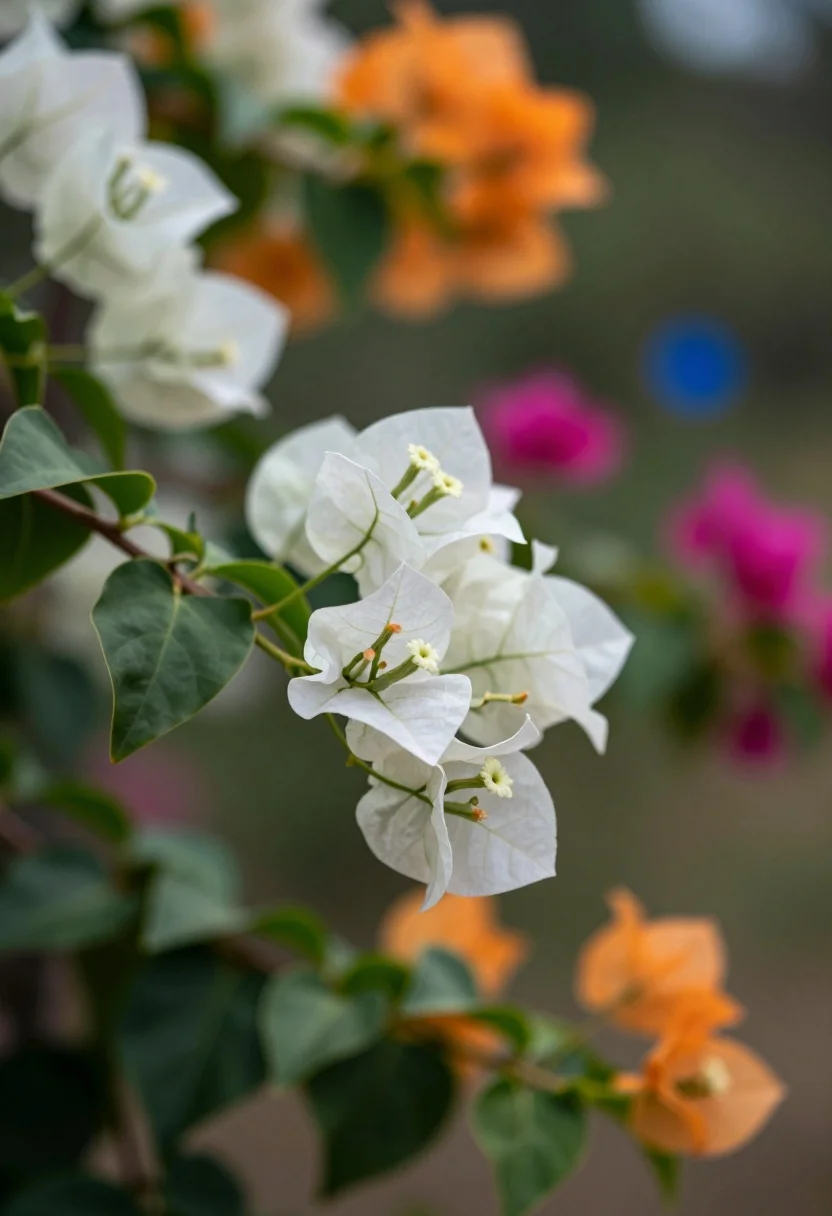 Macro photograph of bougainvillea branch with white flowers in lush garden setting - AI generated image prompt sample