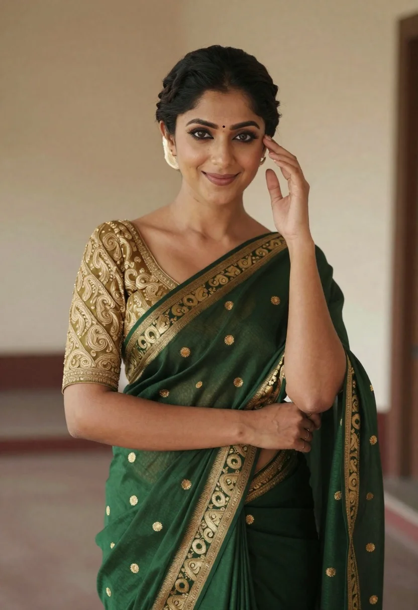 Smiling woman in green saree with gold embroidery indoors