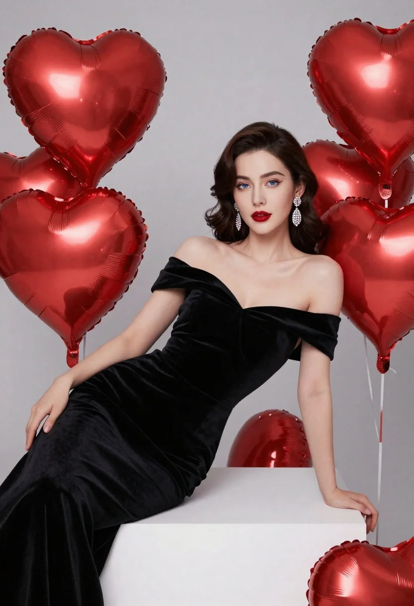 Elegant woman in black velvet gown reclining among large red heart balloons - AI generated image prompt sample