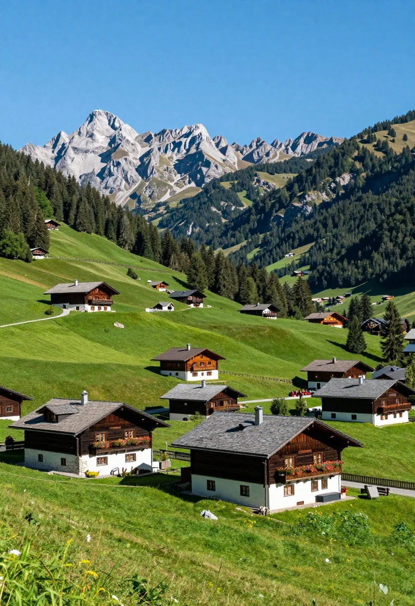 Picturesque alpine village nestled in lush green valley with rocky mountains - AI generated image prompt sample