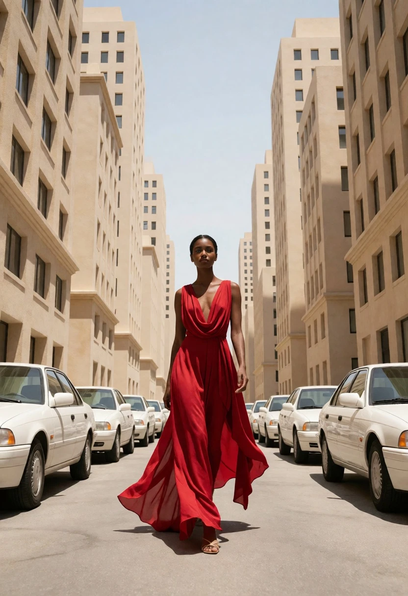 Dark skinned woman in red gown walking down surreal street lined with - AI generated image prompt sample
