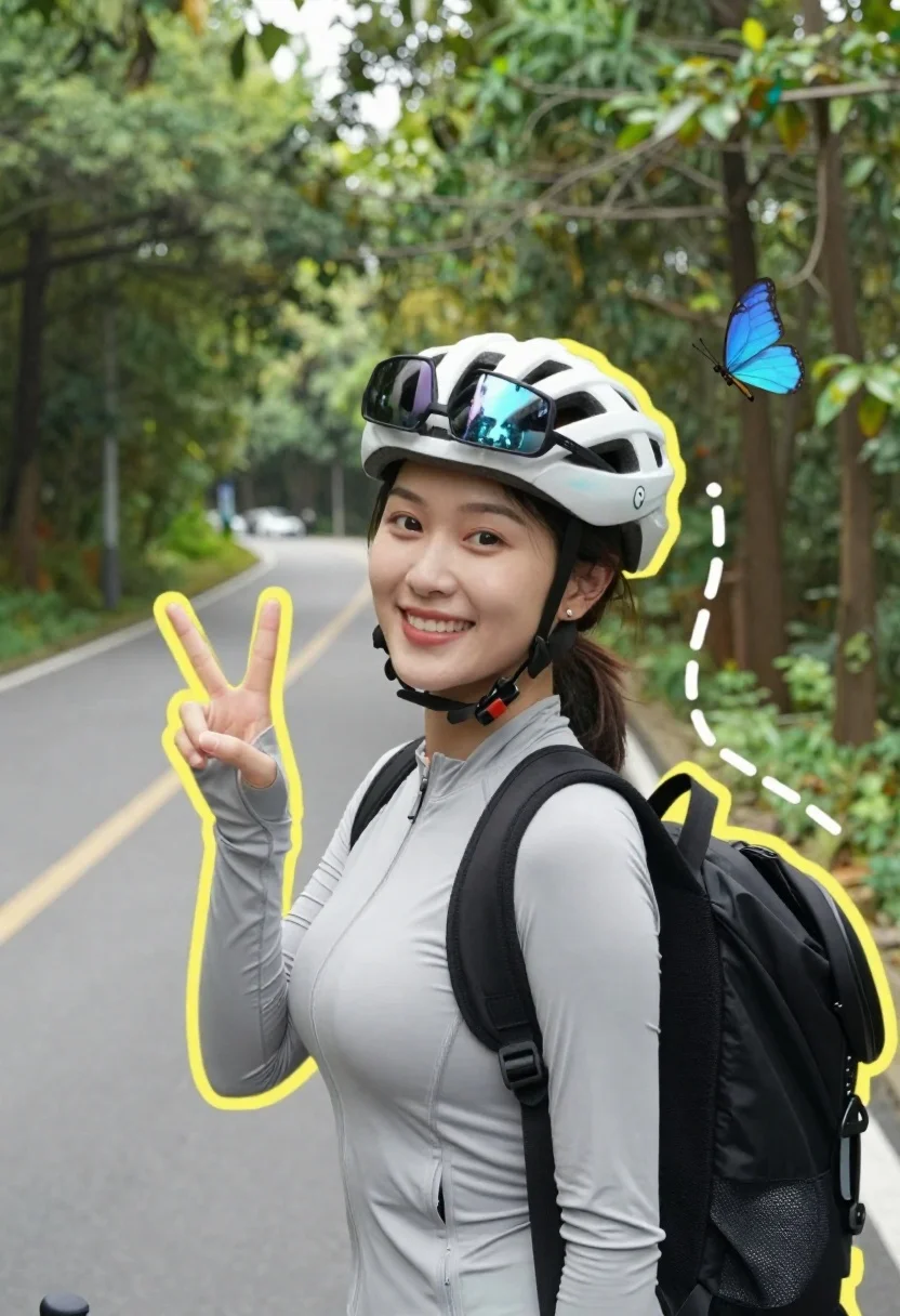 Smiling woman in cycling gear making peace sign on forest road - AI generated image prompt sample