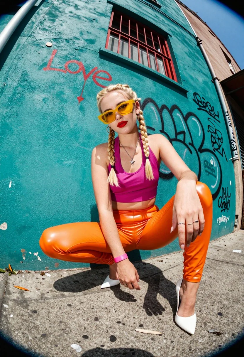 Blonde woman in magenta top crouches on sidewalk against teal graffiti wall - AI generated image prompt sample