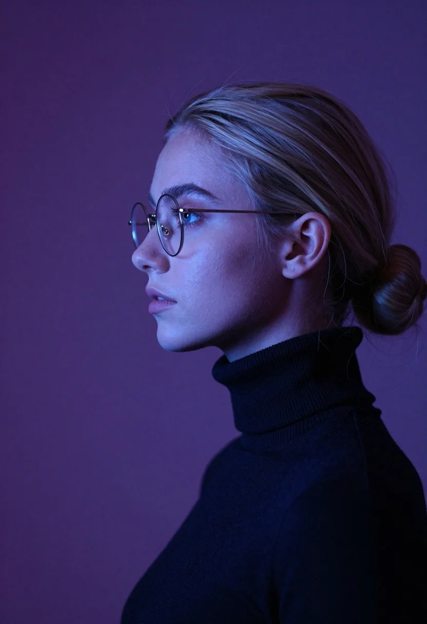 Young woman with blonde hair in low bun wearing glasses and dark - AI generated image prompt sample