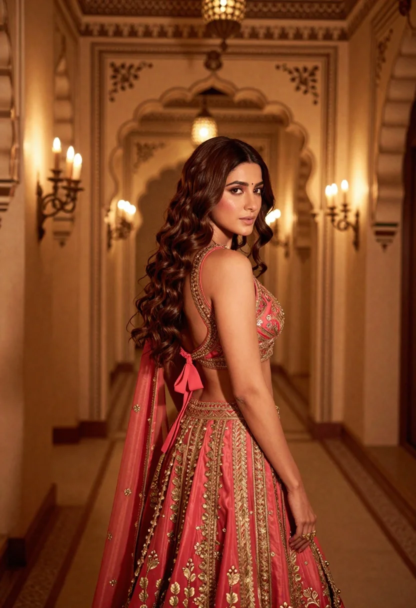 Woman in ornate lehenga choli looking back over shoulder indoors