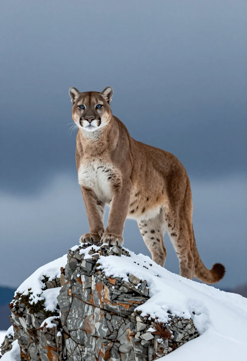Majestic cougar standing on snow covered rock formation against moody sky - AI generated image prompt sample