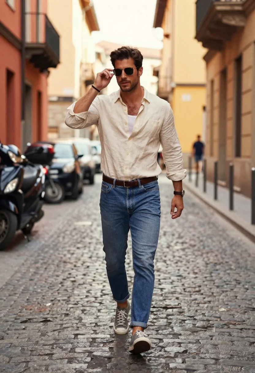 Handsome young man walking down narrow european cobblestone street - AI generated image prompt sample