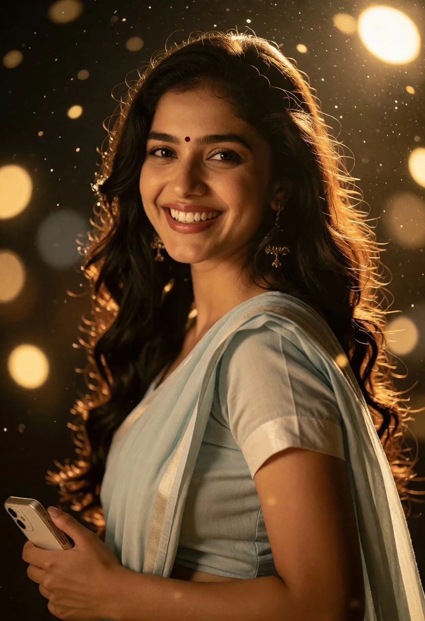 Smiling young woman with dark wavy hair wearing traditional draped garment - AI generated image prompt sample