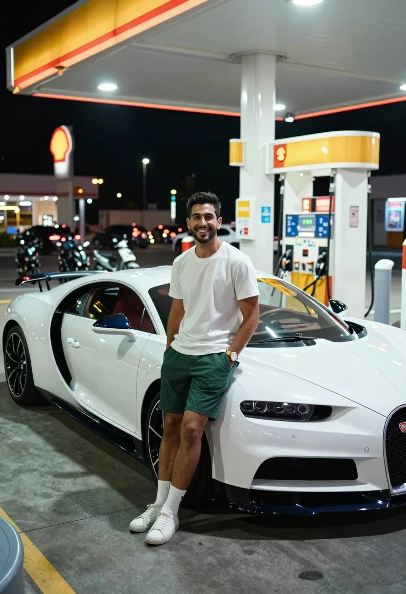 Man leaning against white bugatti chiron at brightly lit gas station at - AI generated image prompt sample