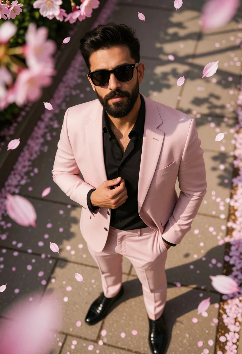 Stylish bearded man in pink suit standing on paved walkway under cherry - AI generated image prompt sample