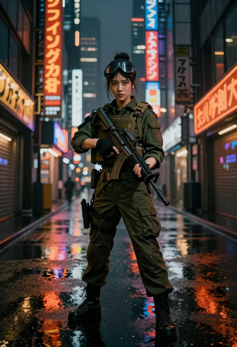 Female soldier with rifle and wet face portrait - AI generated image prompt sample