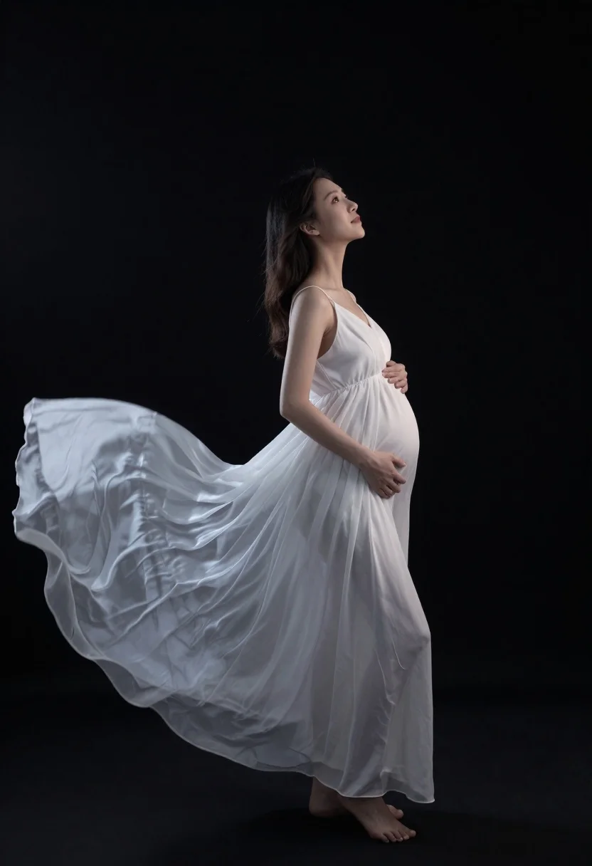 Pregnant woman in white gown against black void