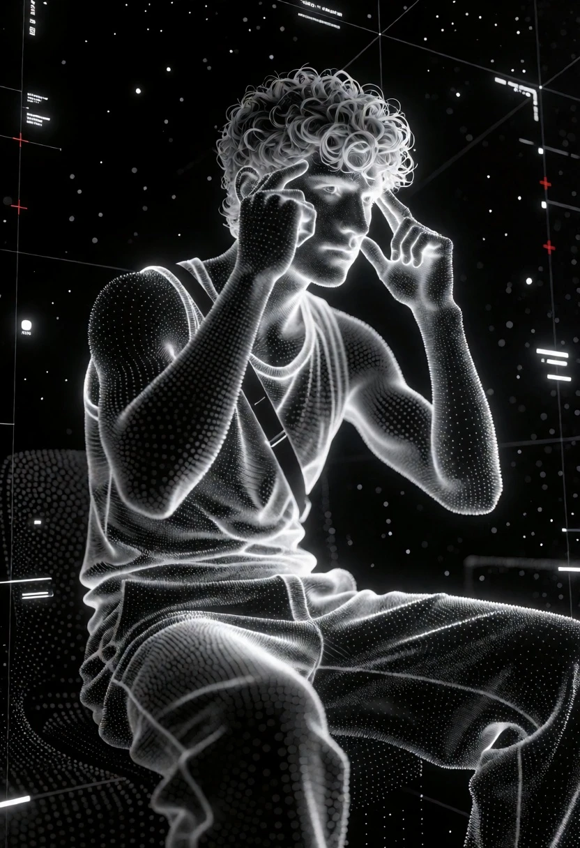 Monochromatic point cloud reconstruction of seated male figure in dark void - AI generated image prompt sample