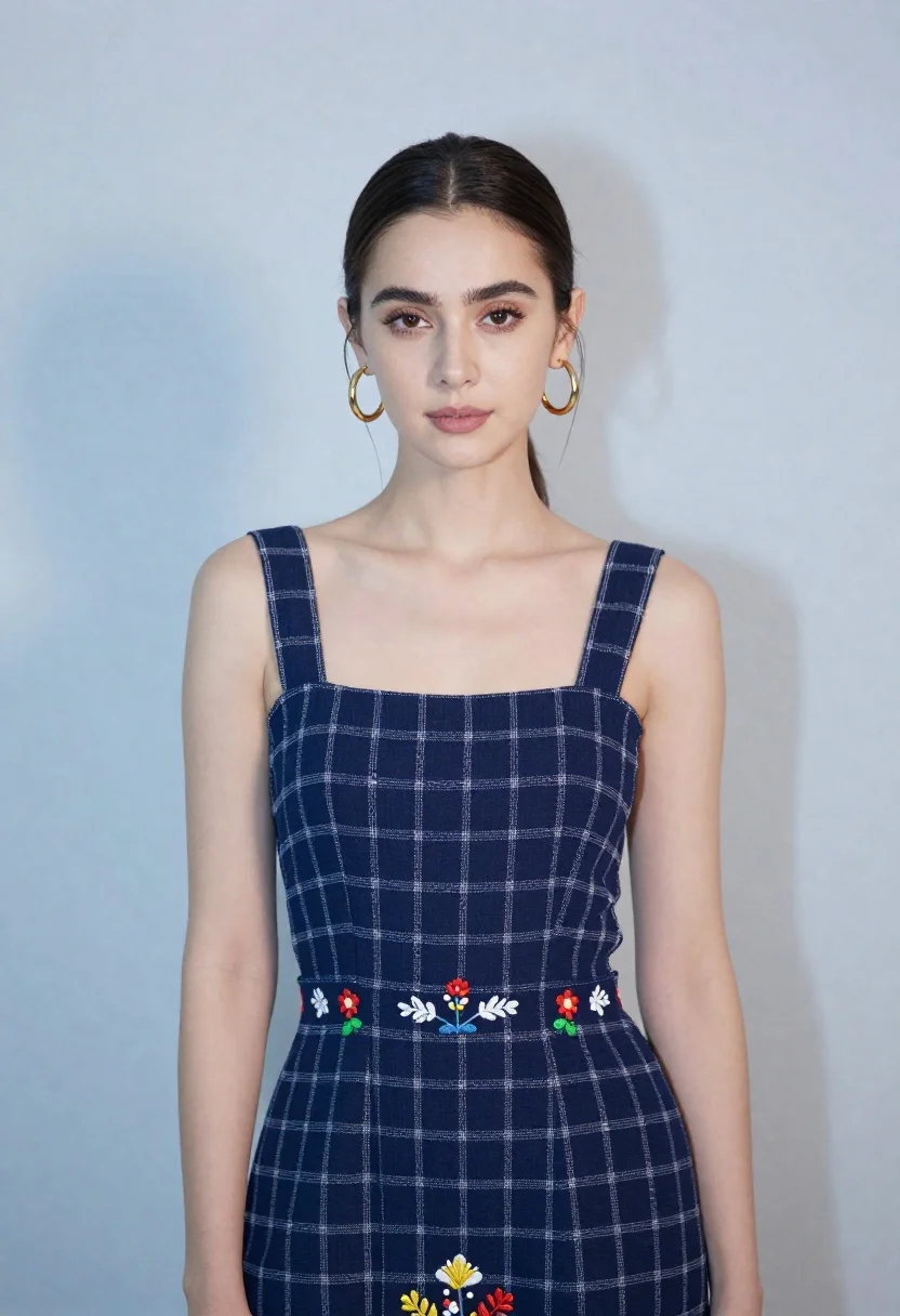 Poised young woman in dark blue embroidered dress studio portrait