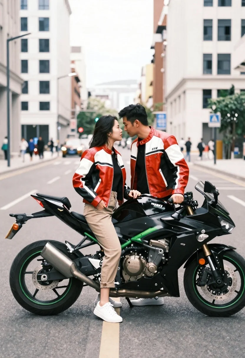 Romantic couple in leather jackets standing by a motorcycle on city street - AI generated image prompt sample