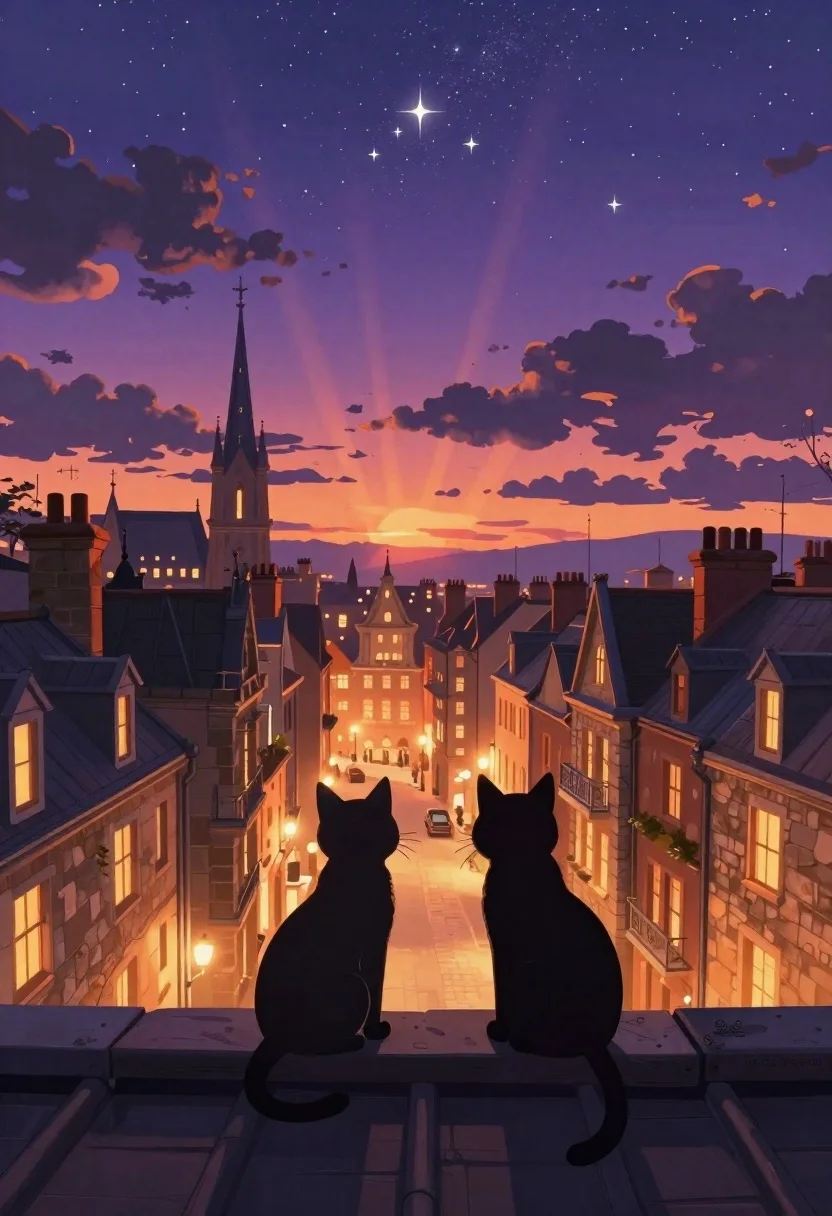 Two cats on rooftop overlooking european cityscape at dusk