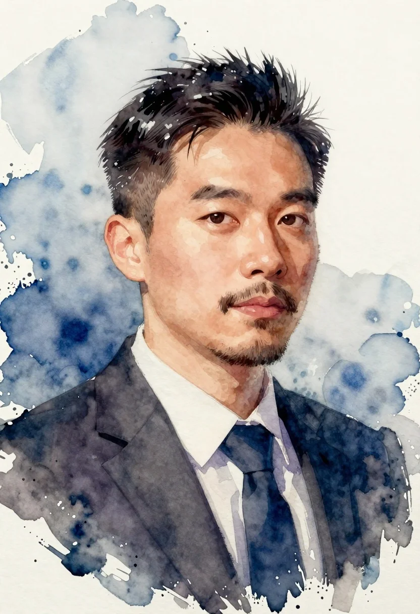 Watercolor portrait of man in dark suit against blue wash