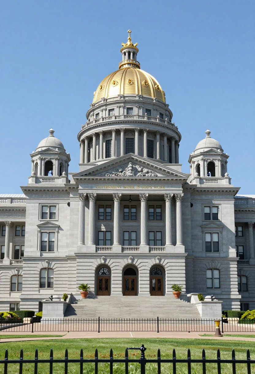 Symmetrical facade of grand colonial government building with golden dome - AI generated image prompt sample