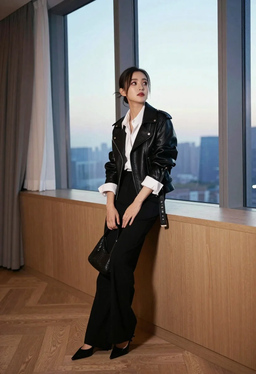Stylish woman leaning on wooden counter near large twilight city windows