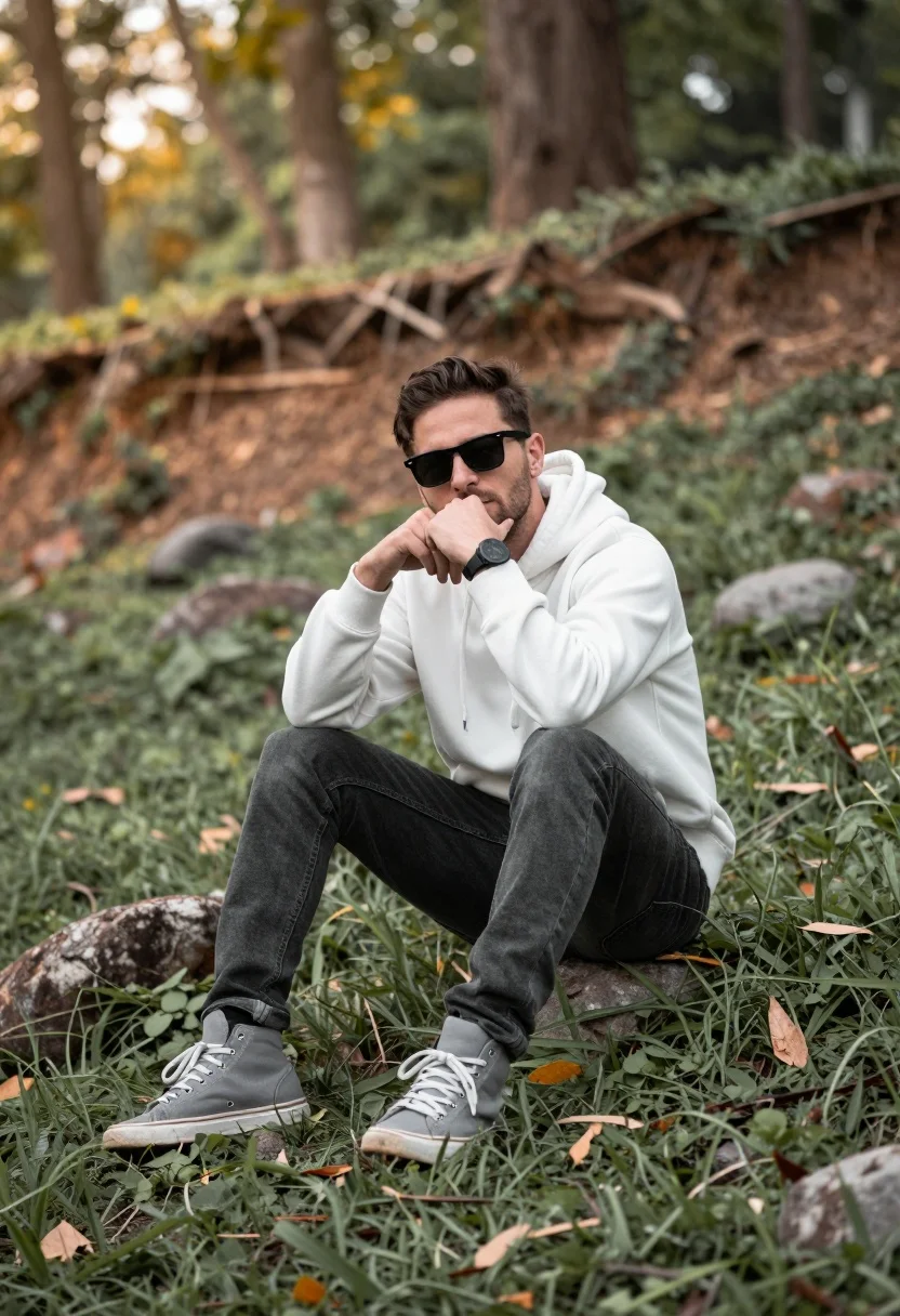 Man sitting casually on grassy slope in wooded area with soft sunlight - AI generated image prompt sample