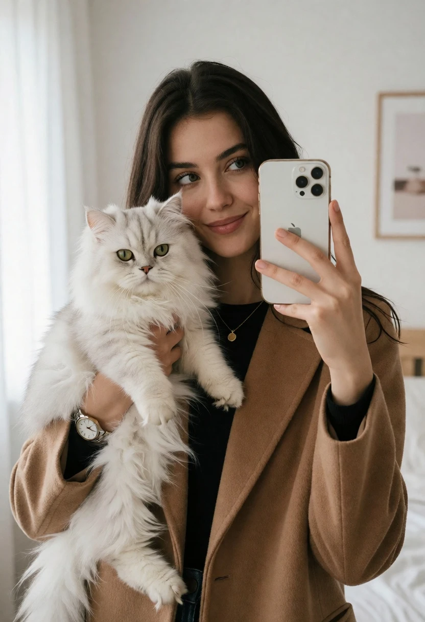 Young woman taking mirror selfie with white cat in bright bedroom - AI generated image prompt sample