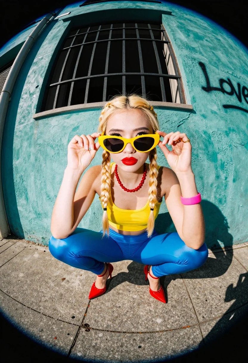 Blonde woman in yellow top squats on concrete sidewalk against teal wall - AI generated image prompt sample