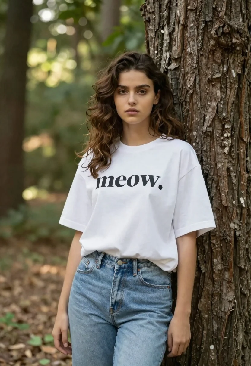 Young woman in oversized white tshirt leaning against tree in forest - AI generated image prompt sample