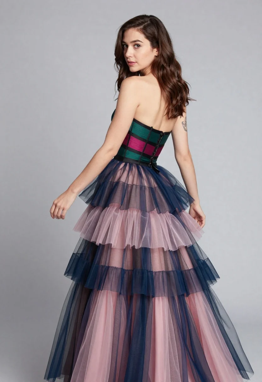 Woman in multilayered tulle gown posing over shoulder against grey background