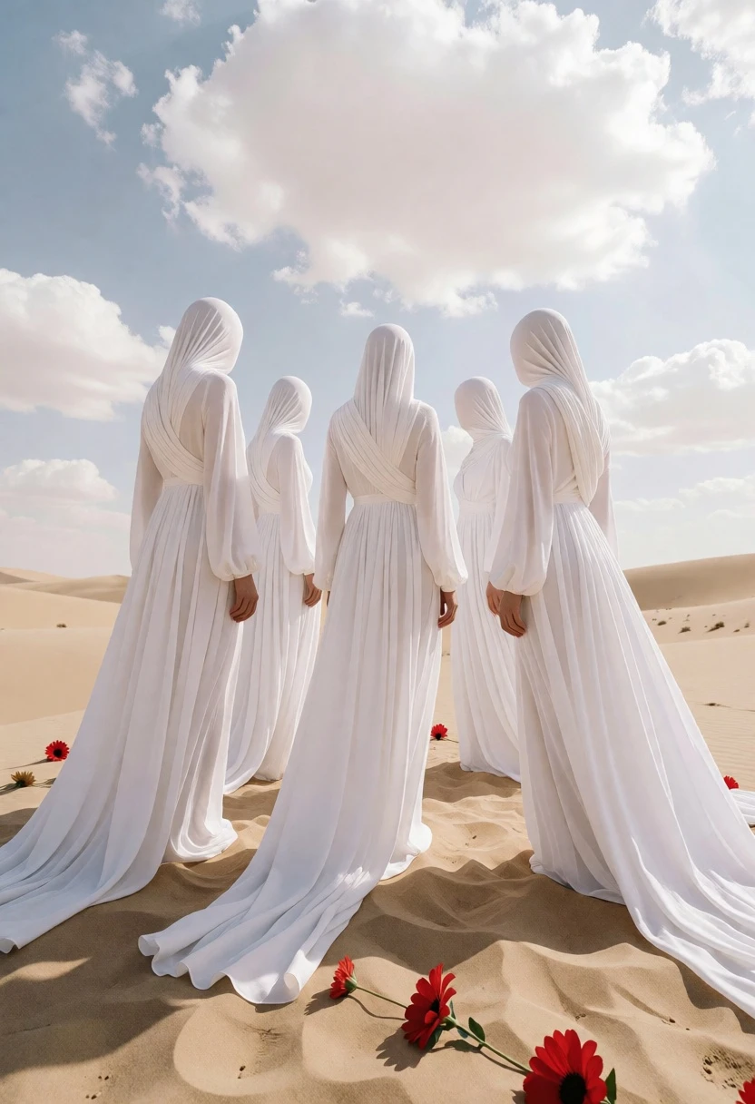 Five faceless figures in white gowns on vast sandy dunes under cloudy - AI generated image prompt sample