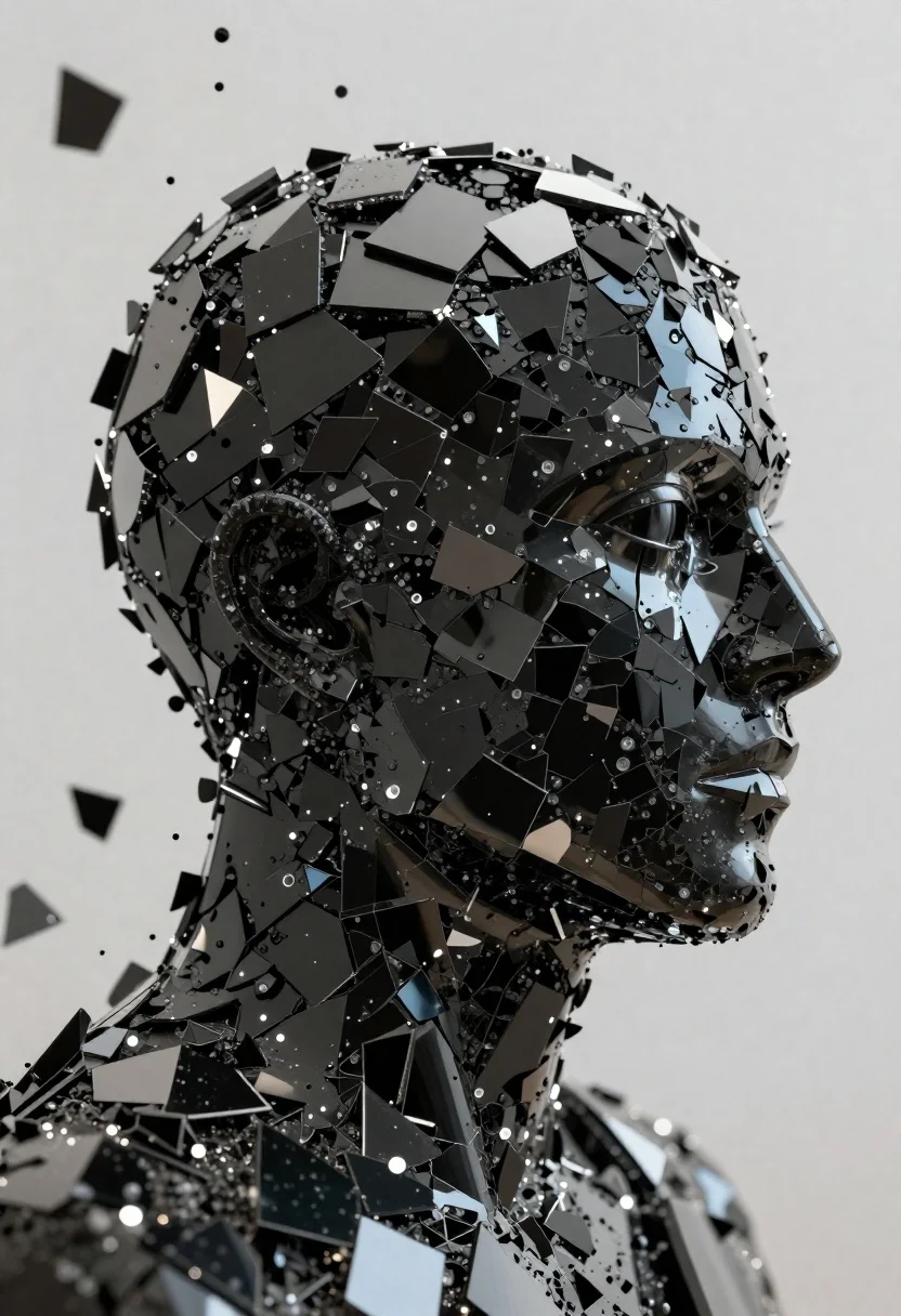 Black shard sculpture of human head profile