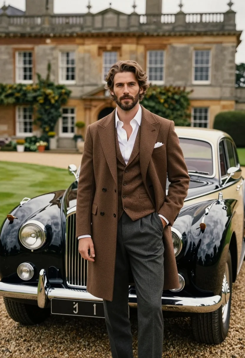 Handsome man in brown overcoat standing by vintage luxury car near manor - AI generated image prompt sample