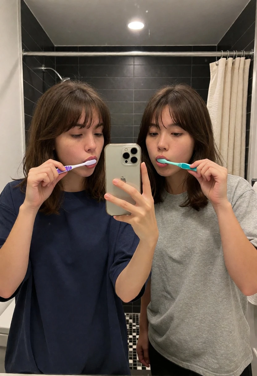 Two young women brushing teeth taking a mirror selfie in modern bathroom - AI generated image prompt sample