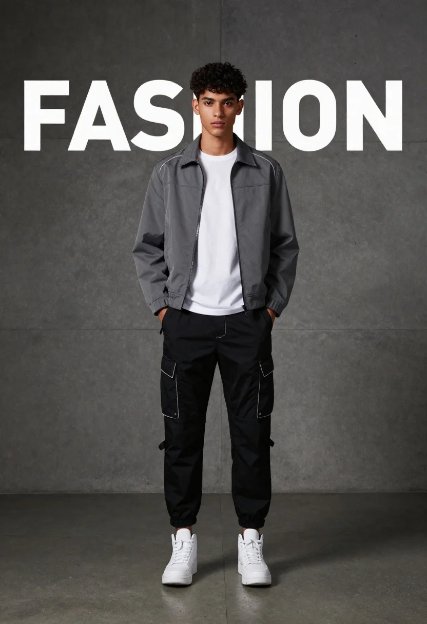 Young man standing against concrete wall with fashion text backdrop - AI generated image prompt sample