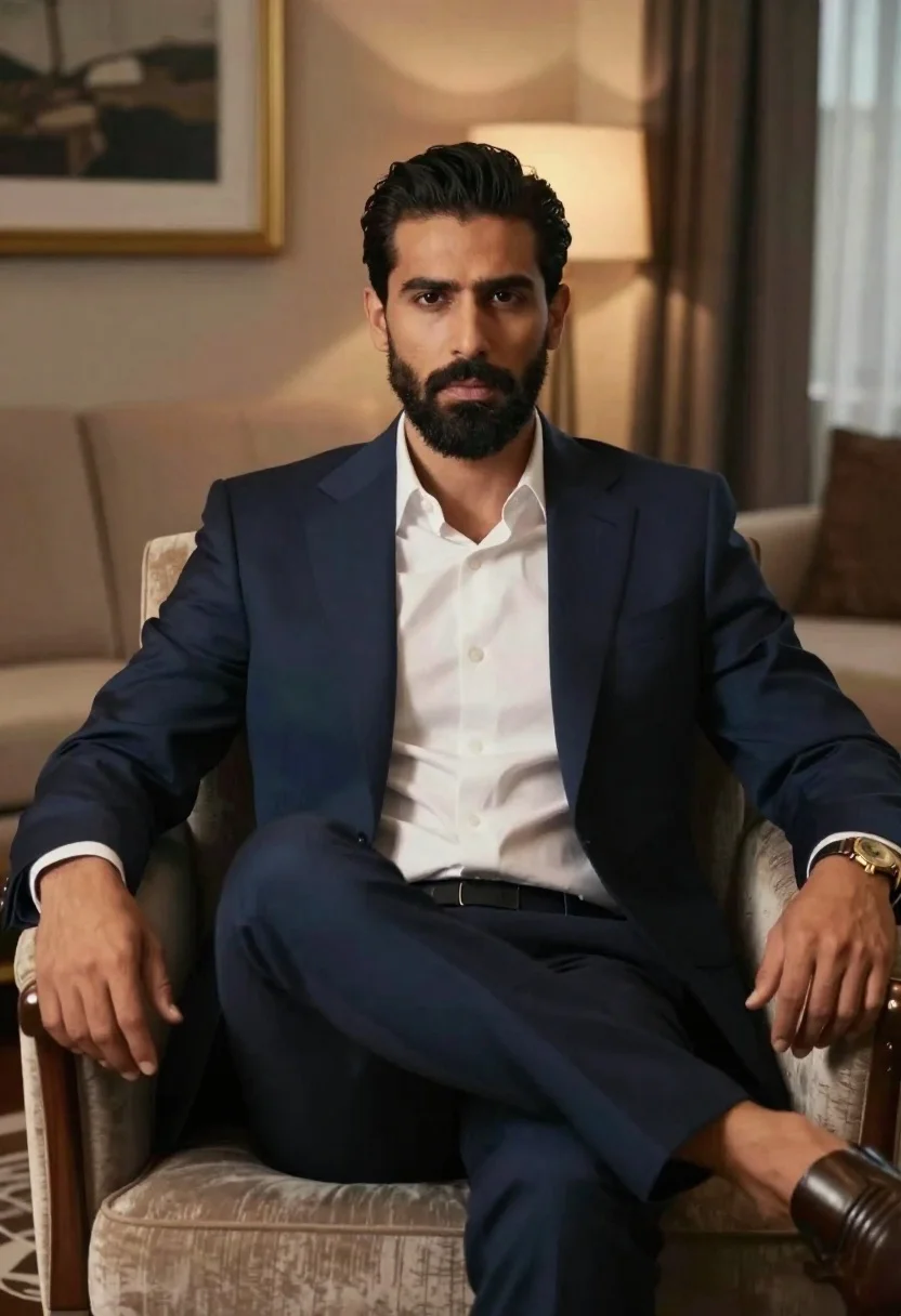 Handsome man in navy suit seated in elegant living room