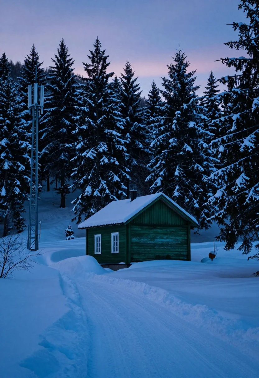 Solitary green wooden cabin in deep winter landscape under twilight sky - AI generated image prompt sample